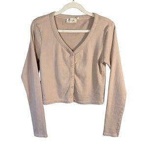 RD Style Beige Pink Ribbed Cropped Knit Top Size L Neutral Minimalist Capsule